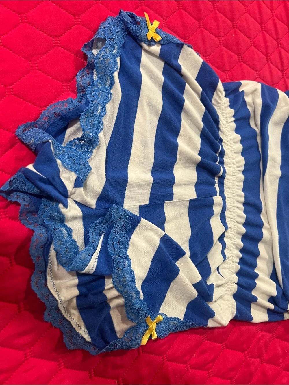Honeydew Intimates Blue and White Striped Romper with Pink Trim - Picture 5 of 6